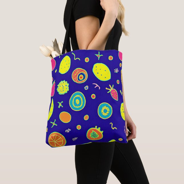 Expressive Neon Fruit Artistry Pattern Tote Bag (Close Up)