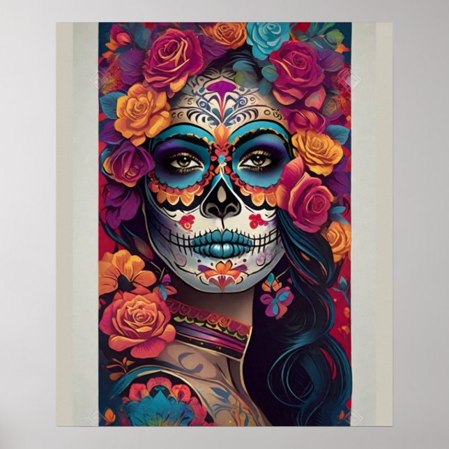 Expressive Sugar Skull Art: Woman in Festive Skull Poster (Front)