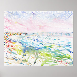 Expressive Turquoise Waves and Pink Sky Watercolor Poster