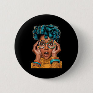 Expressive woman curly hair colourful pop art styl 6 cm round badge