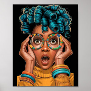 Expressive woman curly hair colourful pop art styl poster