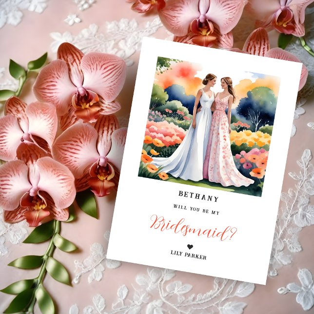 Exquisite 2 Girls Illustration Bridesmaid Proposal (Exquisite Two Girls Illustration Watercolor Effect Bridesmaid Proposal Card. )