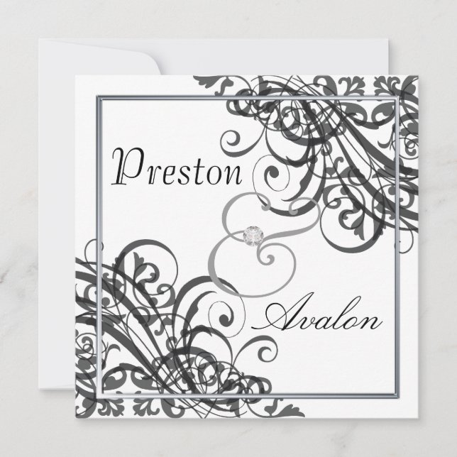 Exquisite Baroque B&W Scroll Invitation (Front)