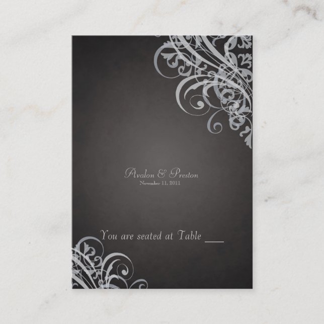 Exquisite Baroque Black & Silver Scroll Placecard (Front)