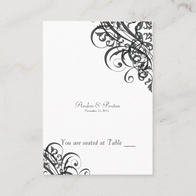 Exquisite Baroque Black & White Scroll Placecard (Front)