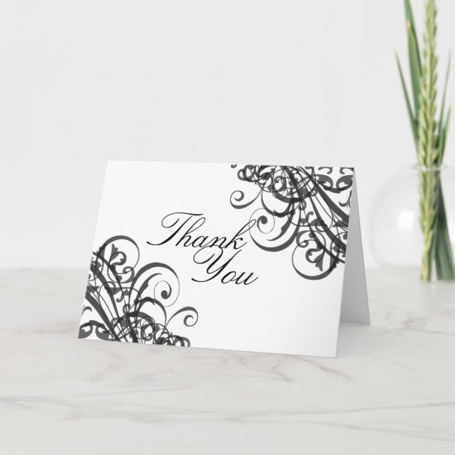 Exquisite Baroque Black & White Scroll Thank You Card (Front)