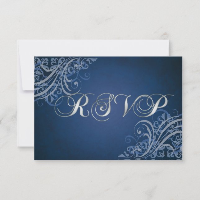 Exquisite Baroque Blue Scroll RSVP Card (Front)