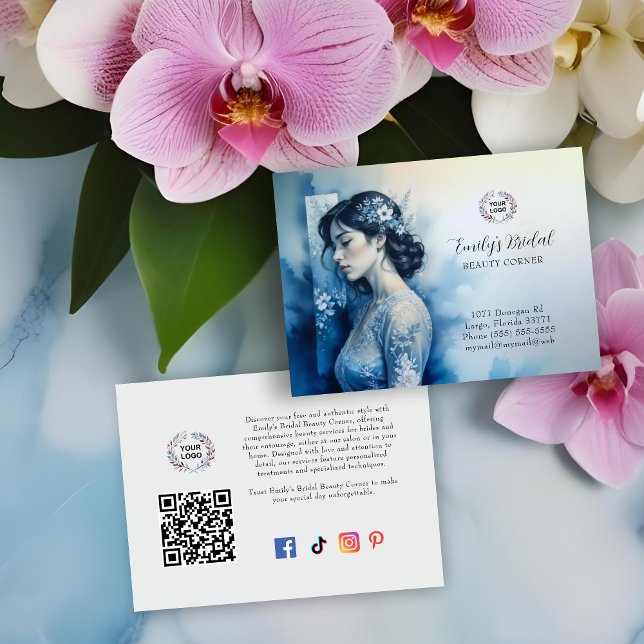 Exquisite Beautiful Bride In Blue Bridal Business Business Card (Exquisite Beautiful Bride In Blue For Bridal Business with QR Code and Network Icons Business Cards.)
