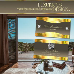Exquisite Beige Brown Gold Borders with QR Code Business Card