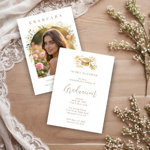 Exquisite Beige Graduate Cap Floral Arch Photo Invitation