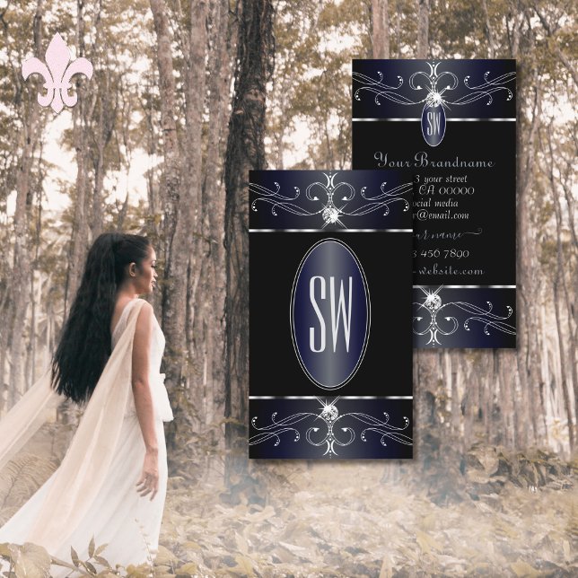 Exquisite Black and Blue Ornate Ornaments Initials Business Card (Creator Uploaded)