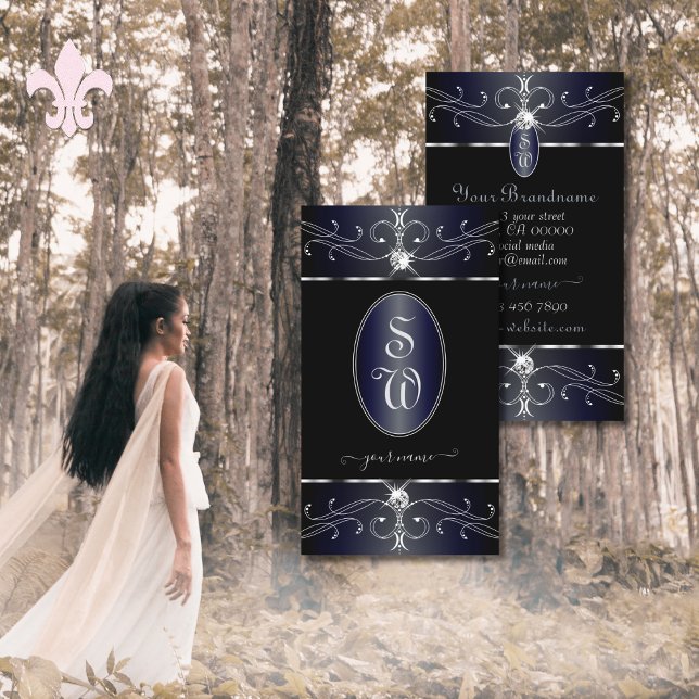 Exquisite Black and Blue Ornate Ornaments Monogram Business Card (Creator Uploaded)