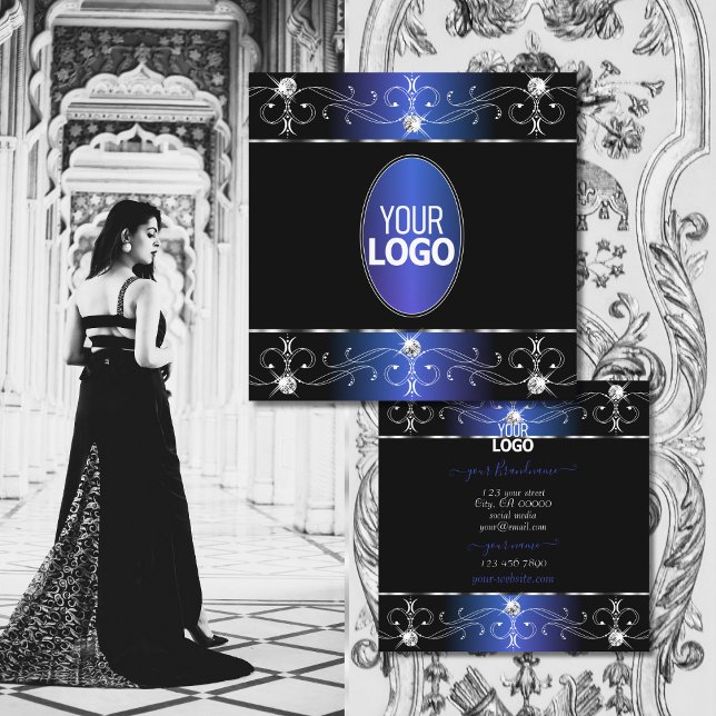 Exquisite Black Blue Ornate Ornaments with Logo Square Business Card (Creator Uploaded)