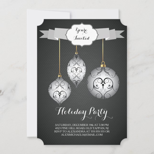 Exquisite Black Christmas Balls Holiday Party Invitation (Front)