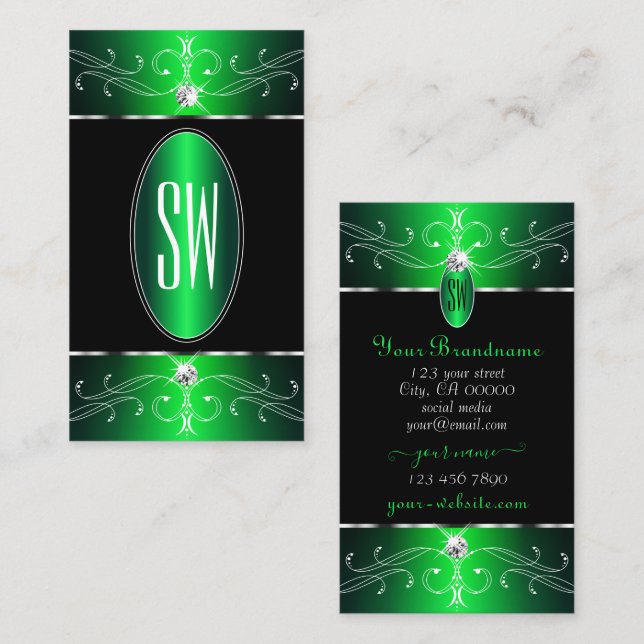Exquisite Black Green Ornate Ornaments Initials Business Card (Front/Back)