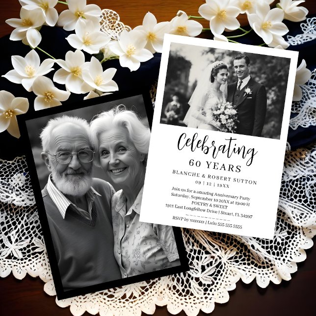 Exquisite Black White Elegant Wedding Anniversarie Invitation (Exquisite Black & White Elegant Wedding Anniversarie 2 Photos Invitations Cards.)