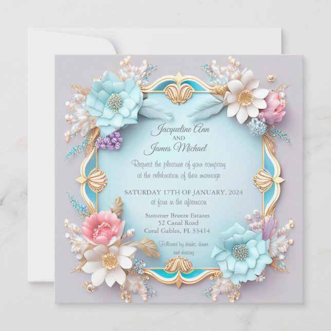 Exquisite Blue And Gold Floral Frame Invitation (Front)