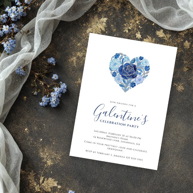 Exquisite Blue Floral Heart Galentine's Day Party  Invitation (Exquisite Floral Heart Galentine's Day Party Invitation Cards for Your Best Friends in Blue Shades.)