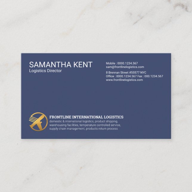 Exquisite Blue Minimalist Gold Airplane Logistics Business Card (Front)