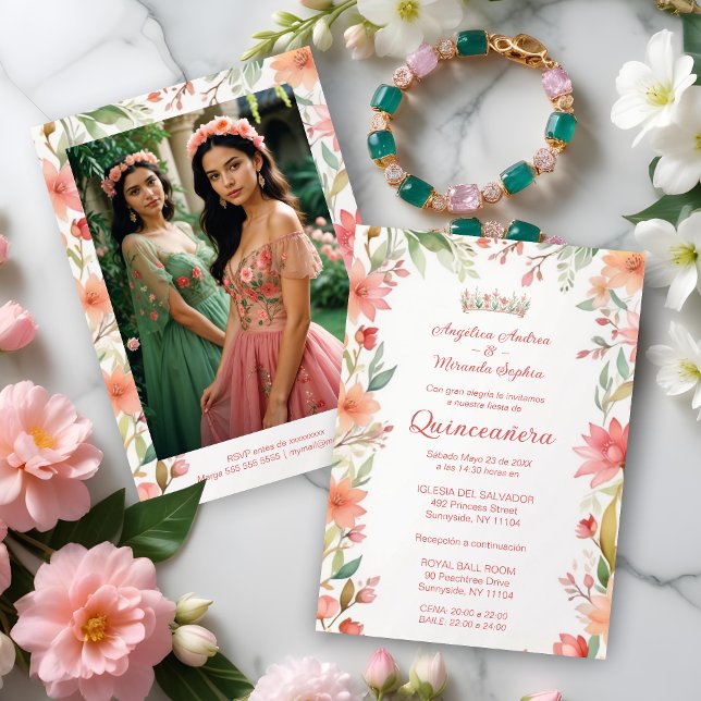 Exquisite Botanical Frame Quinceañera Twins Photo Invitation (Spanish Exquisite Spring Botanical Frame Quinceañera Twins Photo Invitations Cards with Tiara)