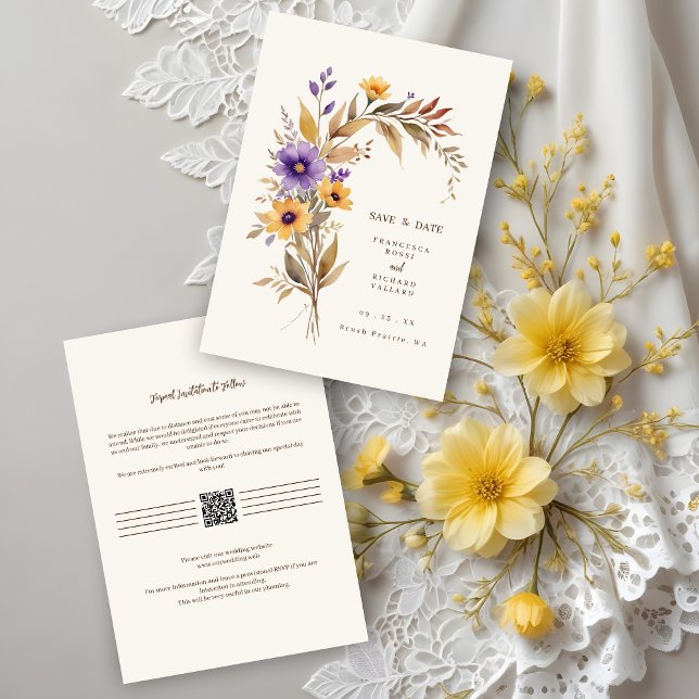 Exquisite Cherished Purple & Yellow Floral Bouquet Save The Date (Exquisite Cherish Purple & Yellow Floral Bouquet Wedding Save de Dates Cards with QR Code.)