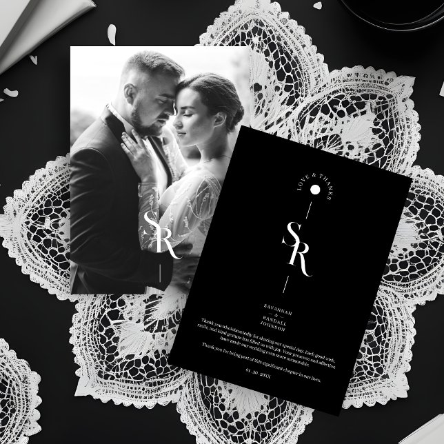 Exquisite Chic Minimalist Black Wedding Initials Thank You Card (Exquisite Chic Minimalist Black & White Wedding Initials Photo Thank You Card with Envelope.)