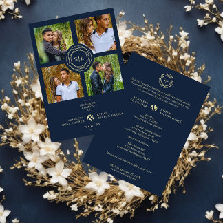 Exquisite Chic Navy Blue & Gold Initials 4 Photos  Invitation