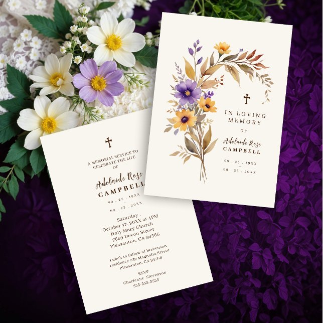 Exquisite Chic Purple & Yellow Floral Bouquet  Invitation (Exquisite Cherish Purple & Yellow Floral Bouquet Funeral Dear Ones Invitations Cards.)