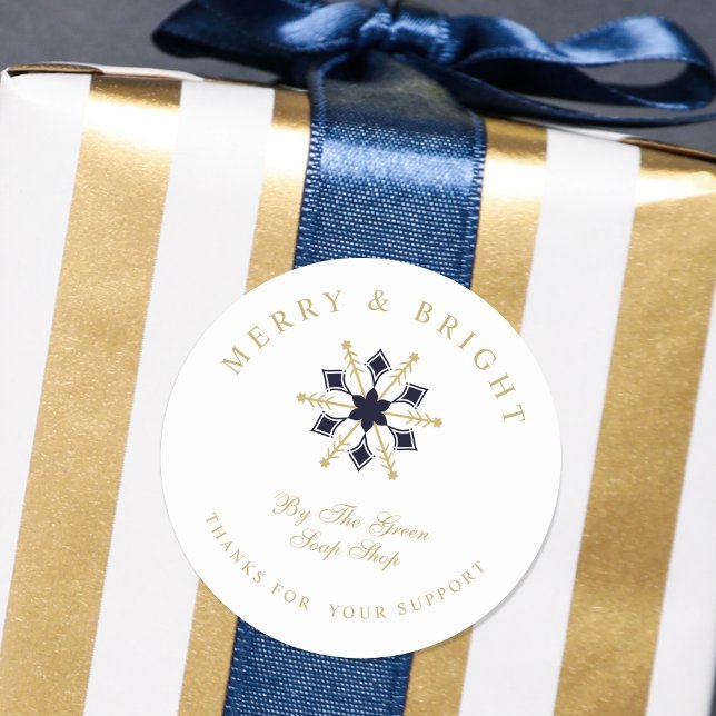 Exquisite Christmas Navy & Gold Snowflake Thanks Classic Round Sticker (Exquisite Christmas Navy & Gold Snowflake Thanks Classic Round Sticker.)