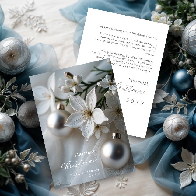 Exquisite Delicate White Flowers Silver Ornament Holiday Card (Exquisite Delicate White Flowers with Silver Christmas Ornaments on a Soft Blurred Background Cards.)
