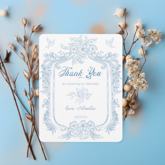 Exquisite Dusty Blue Baroque Frame Baby Shower Thank You Card (Creator Uploaded)