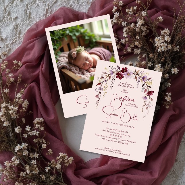 Exquisite Floral Burgundy Shades Arch Baby Baptism Invitation (Exquisite Floral Burgundy Shades Arch Baptism Invitation Design with Back Baby Photo. )