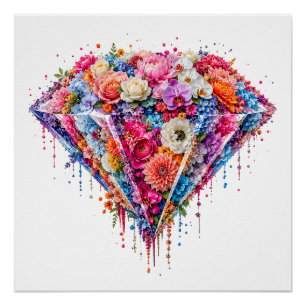 Exquisite Floral Diamond Design with Dripping Art Poster
