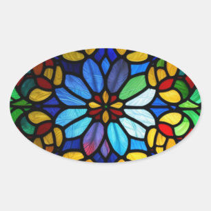 Exquisite Floral Stained Glass Elegance Oval Sticker