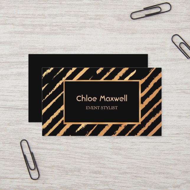 Exquisite Gold Black Stripe Minimalist Business Card (Front/Back In Situ)