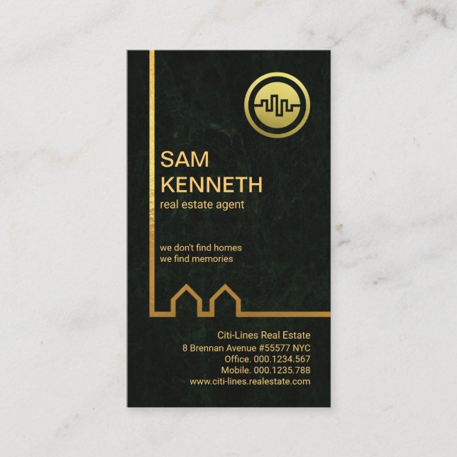 Exquisite Gold Building Lines Green Grunge Realtor Business Card (Front)