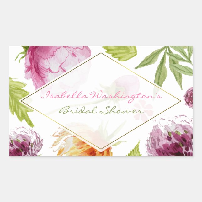 Exquisite Gold Framed Watercolor Bridal Shower Rectangular Sticker (Front)