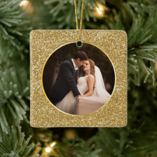 Exquisite Gold Gem Facet Photo First Christmas Ceramic Ornament