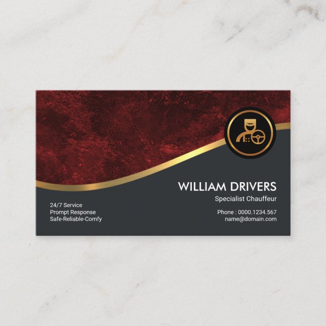 Exquisite Gold Wave Over Red Grunge Chauffeur Business Card (Front)