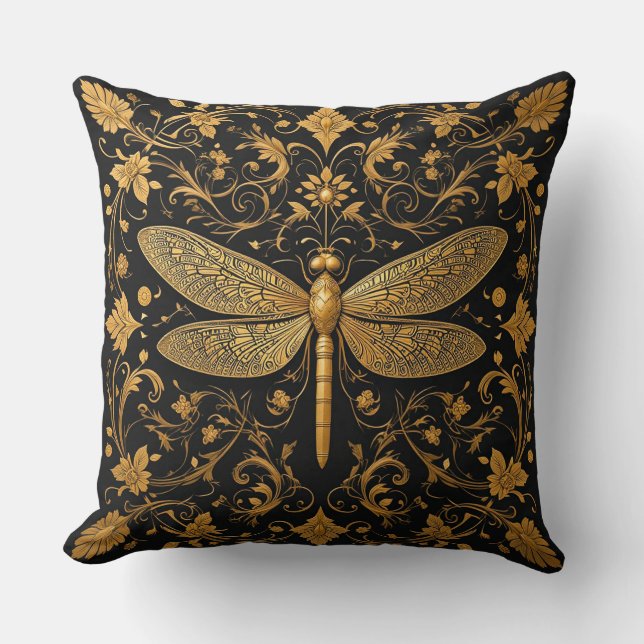 Exquisite Golden Dragonfly with Floral Art Cushion (Front)