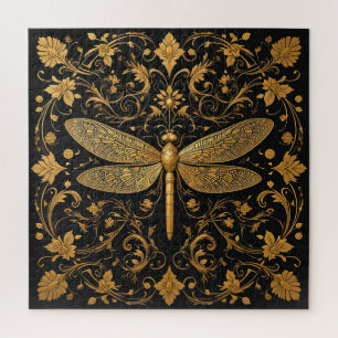 Exquisite Golden Dragonfly with Floral Art Jigsaw Puzzle