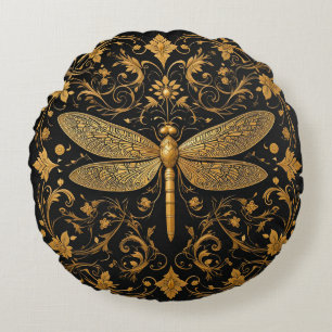 Exquisite Golden Dragonfly with Floral Art Round Cushion