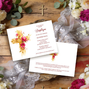 Exquisite Golden Glitter Floral Cross Baptism Invitation