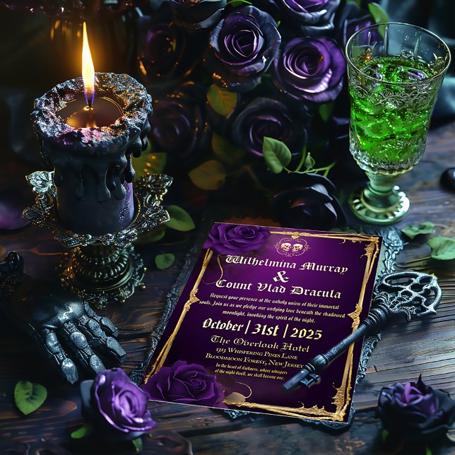 Exquisite Gothic Purple & Gold Skull and Bones (Enchanting Purple and Gold Skull and Bones Gothic Wedding Gold Foil Wedding Invitation )