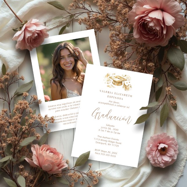 Exquisite Graduate Cap in Beige Tones Graduation Invitation (Exquisite Graduate Cap in Beige Tones Graduation Invitation Card Design in Spanish with Back Photo. )