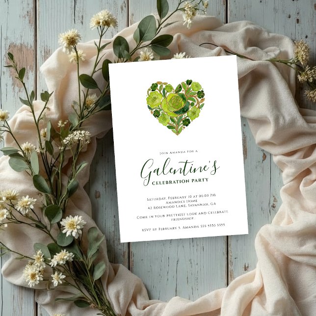 Exquisite Green Floral Heart Galentine's Day Invitation (Exquisite Floral Heart Galentine's Day Party Invitation Cards for Your Best Friends in Green Shades.)