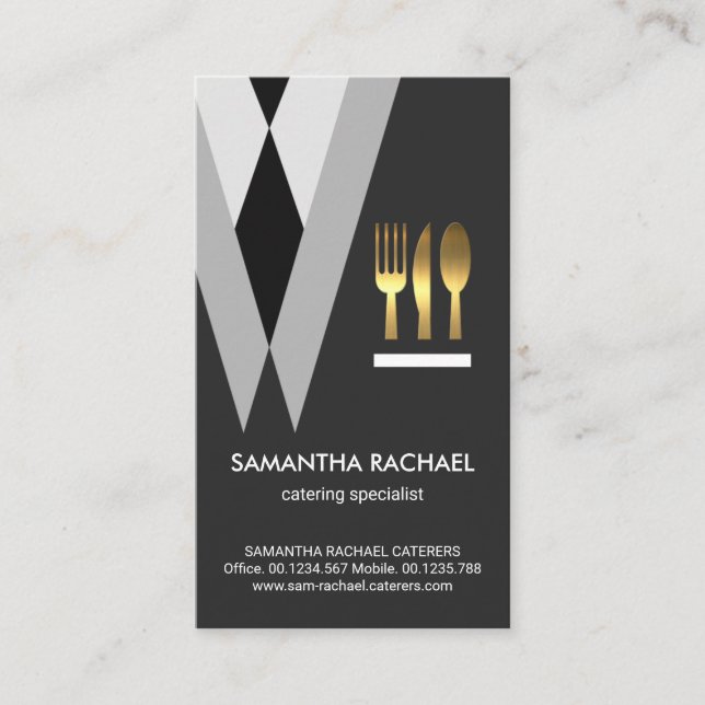 Exquisite Grey Tuxedo Suit Waiter Gold Cutlery Business Card (Front)