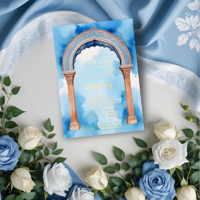 Exquisite Indian Architecture Arch Naming Ceremony (Exquisite Indian Architecture Arch Watercolor in Blue Shades Background Naming Ceremony Foil.)