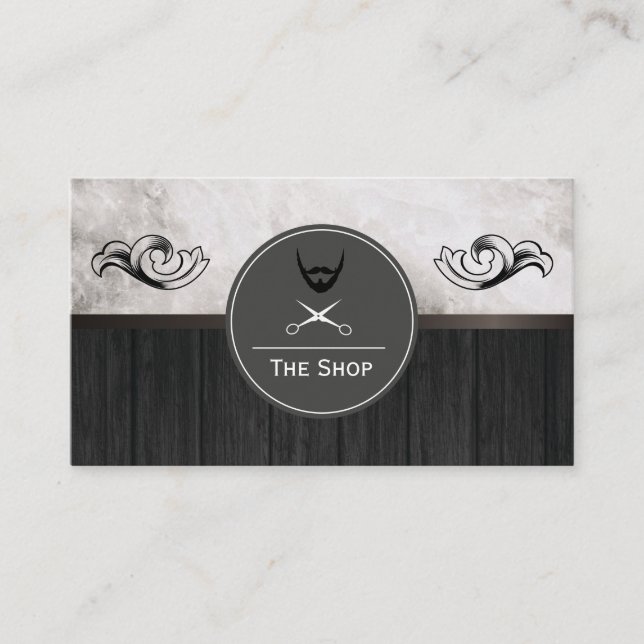 Exquisite Marble Wood Trim Elements Facial Hair Business Card (Front)