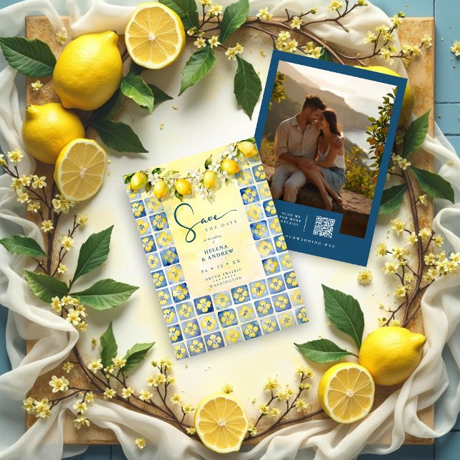 Exquisite Mediterranean Tiles Floral Lemons Photo Save The Date (Exquisite Mediterranean Tiles and Floral & Lemons Garland Wedding Save the date Cards )